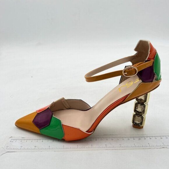 FSJ Golden Shiny Crystal Heel Colorful Pointed Toe High Heel Ankle Strap Sandals - Picture 2 of 8